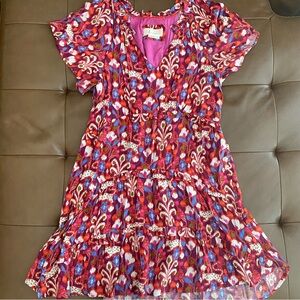 Anthropologie Pink and Red Flutter Sleeve Dress
